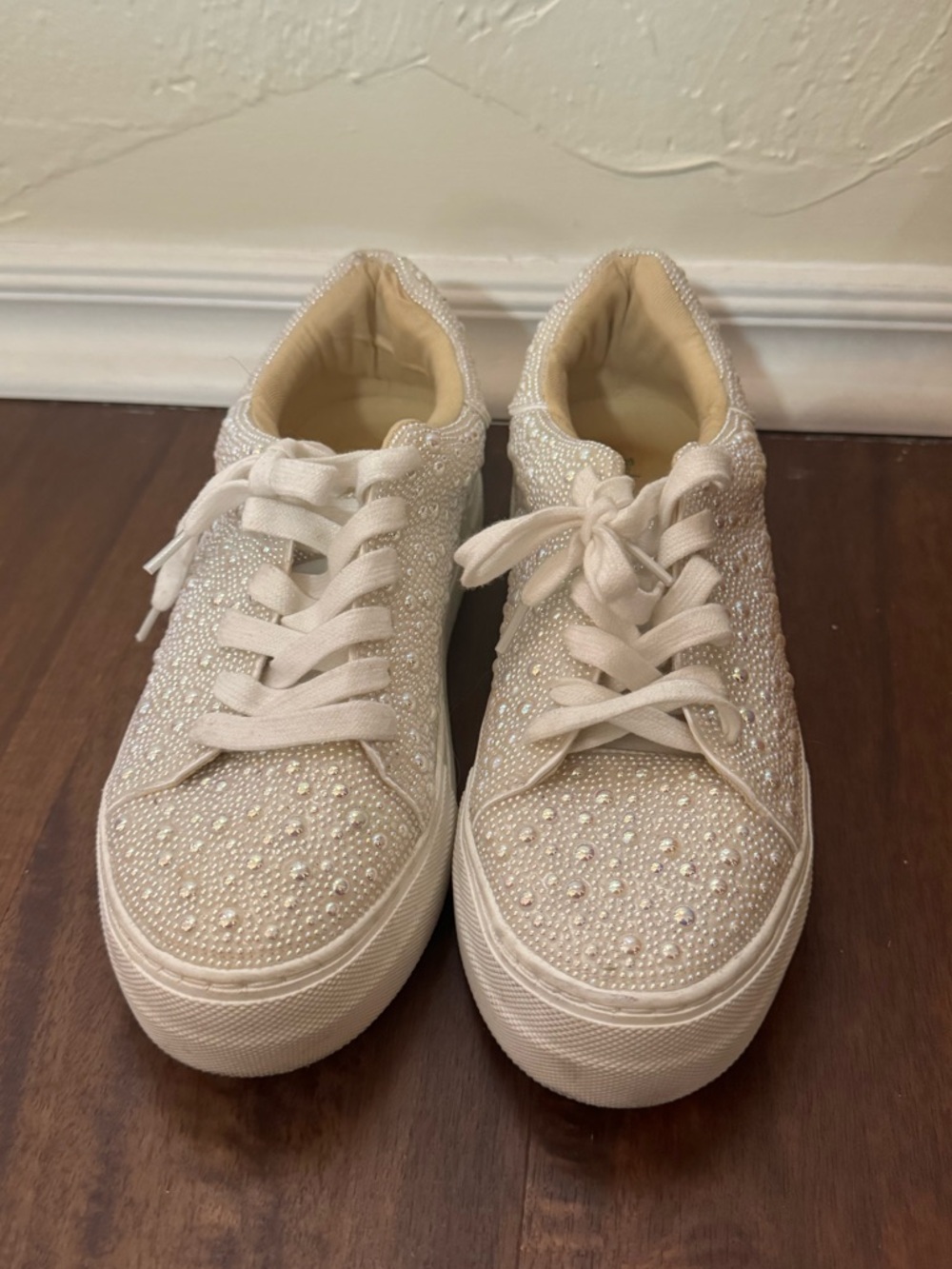 Betsey Johnson Pearl & Rhinestone Cream Platform Sneakers
